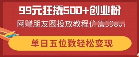 99元狂撬500+创业粉，单日五位数轻松变现，网创朋友圈投放教程-优优云网创