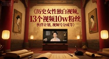 历史女性独白视频，13个视频10w粉丝，伙伴计划，视频号分成等-优优云网创