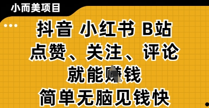 小而美的项目，抖音小红书B站视频点赞、关注、评论就能挣钱，简单无脑立见收益，妥妥的零撸项目【揭秘】-优优云网创
