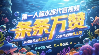 第一人称水族代言视频，条条万赞，20条作品涨粉7.8W，多种变现方式月入五位数-优优云网创