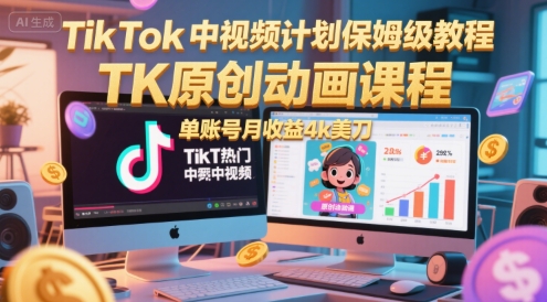 TikTok中视频计划保姆级教程，TK原创动画课程，单账号月收益4k美刀-优优云网创