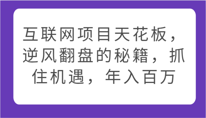 互联网项目天花板，逆风翻盘的秘籍，抓住机遇，年入百万-优优云网创