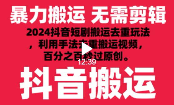 2024最新抖音搬运技术，抖音短剧视频去重，手法搬运，利用工具去重，达到秒过原创的效果-优优云网创